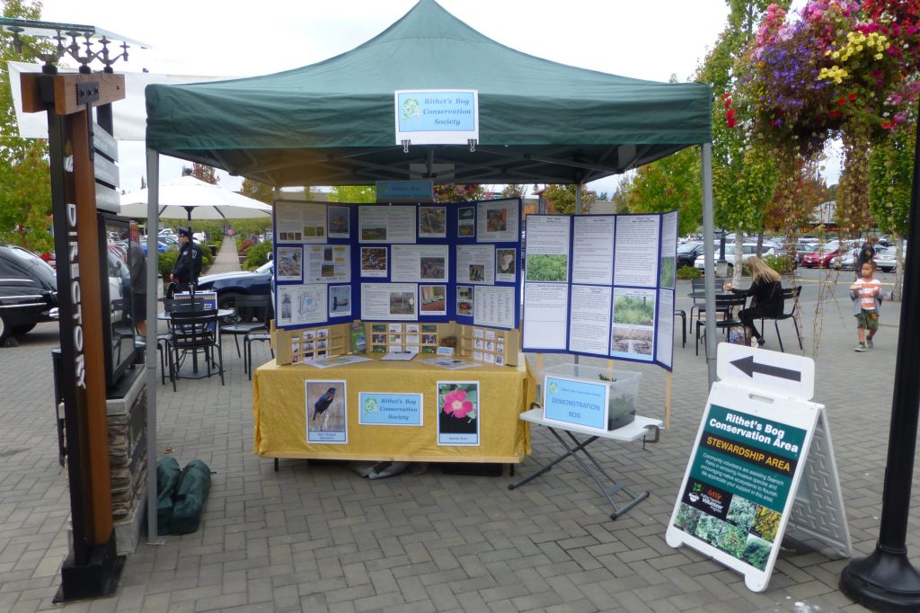 A tent in a covered area, protecting a table with posters, billboards, and brochures.