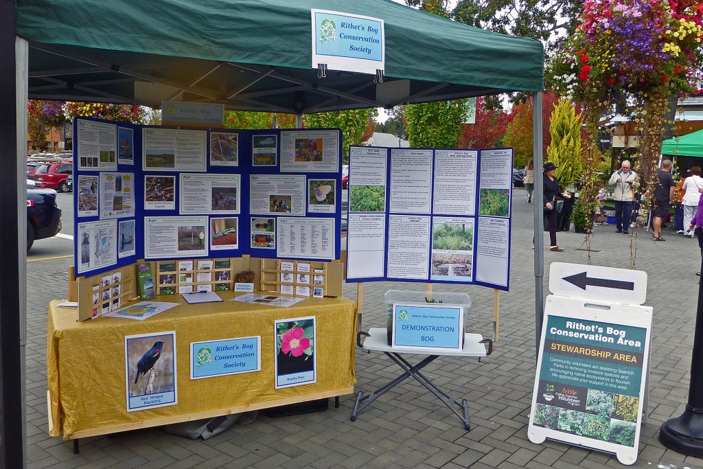 A tent in a public area with posters and images on display